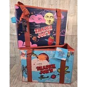 Trader Joe's Stand Up Collapsible Grocery Tote Bags Moon Face Airplane Lot of 2